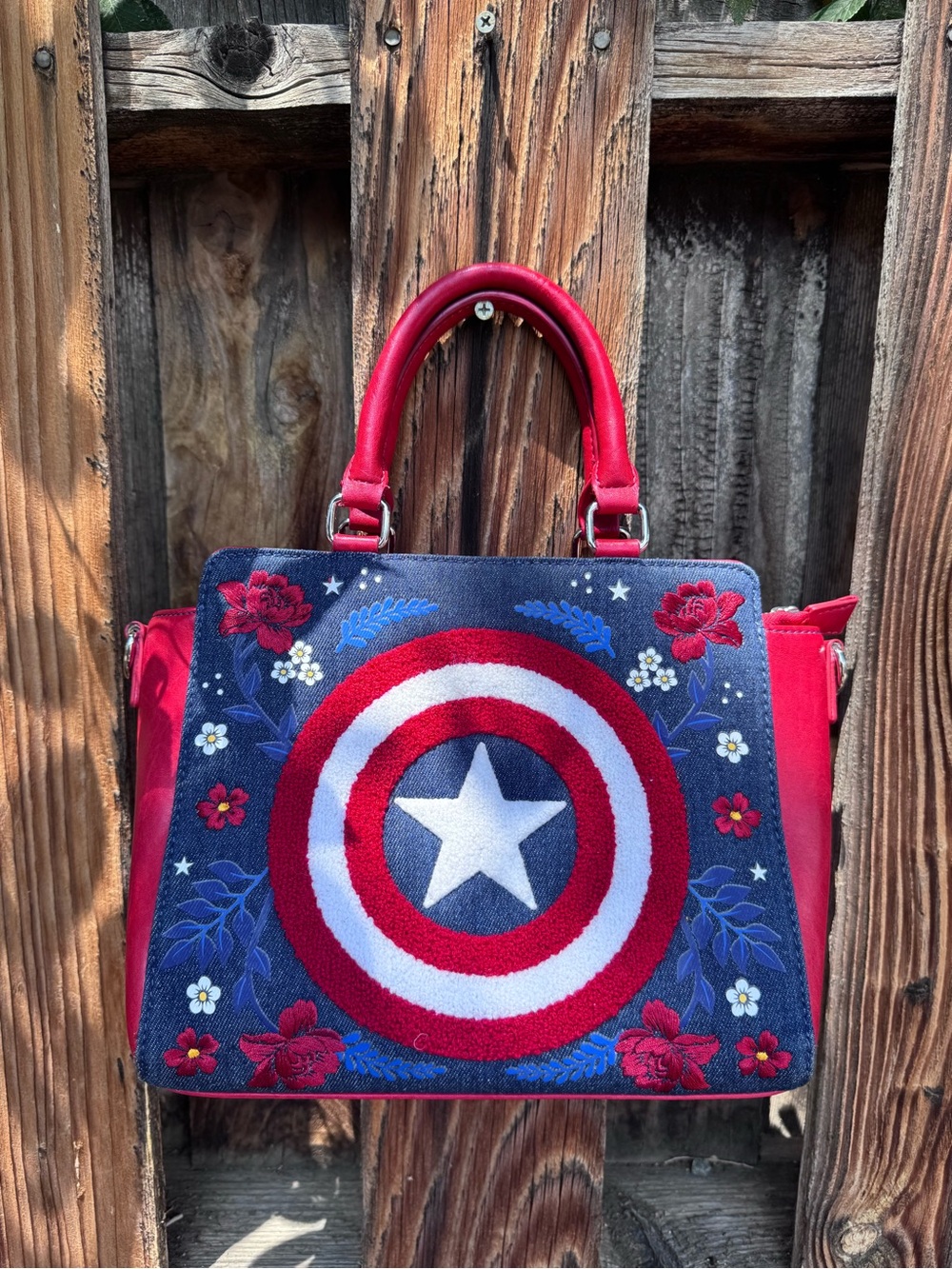 Loungefly Red and Navy Captain Shield Floral Satchel